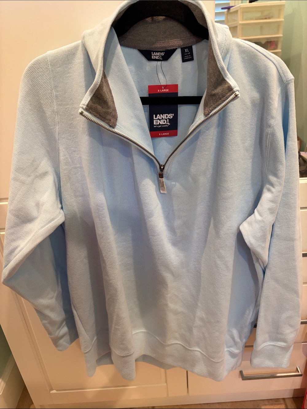 Lands' End Men's Pale Blue Quarter-Zip Sweater with Contrast Collar